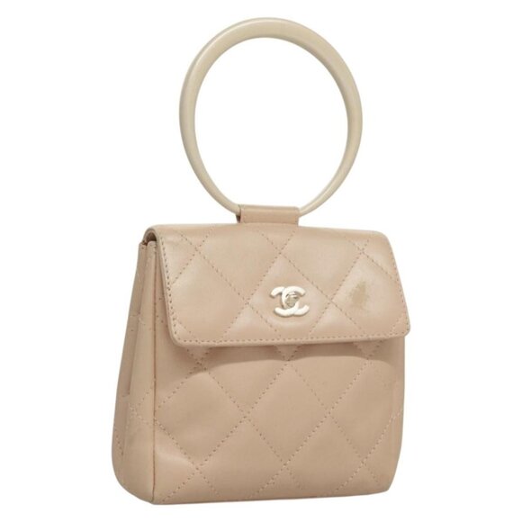 CHANEL Matelasse Hand Bag Leather Beige Silver CC Auth 133091 - Picture 1 of 16